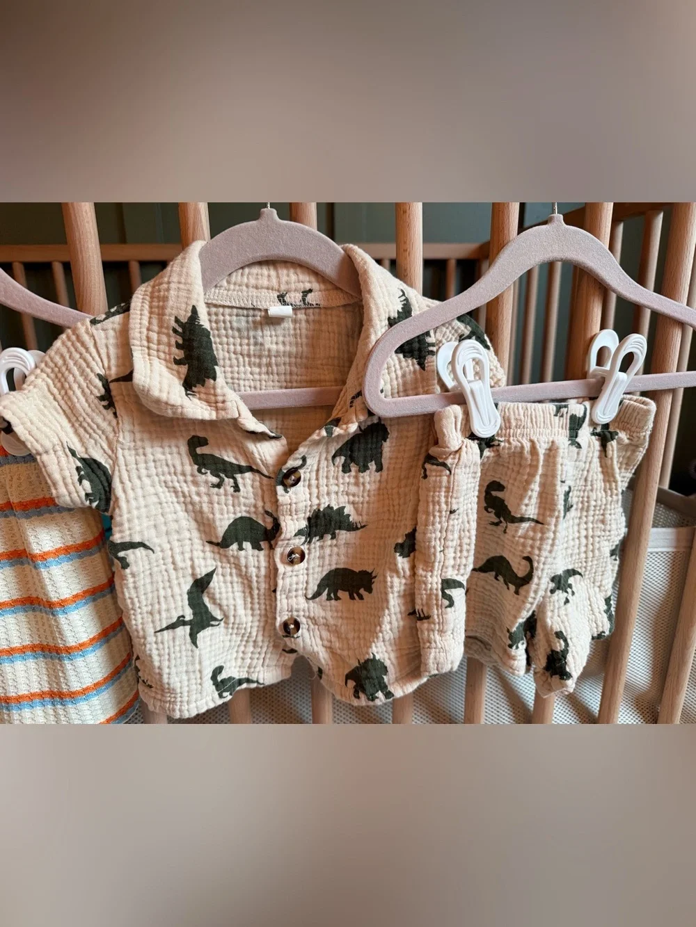Baby Cream Dinosaur and Striped Matching Tops and Shorts Set